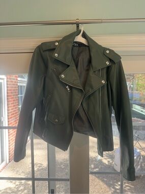 Zara Dark Olive Faux Leather Biker Jacket